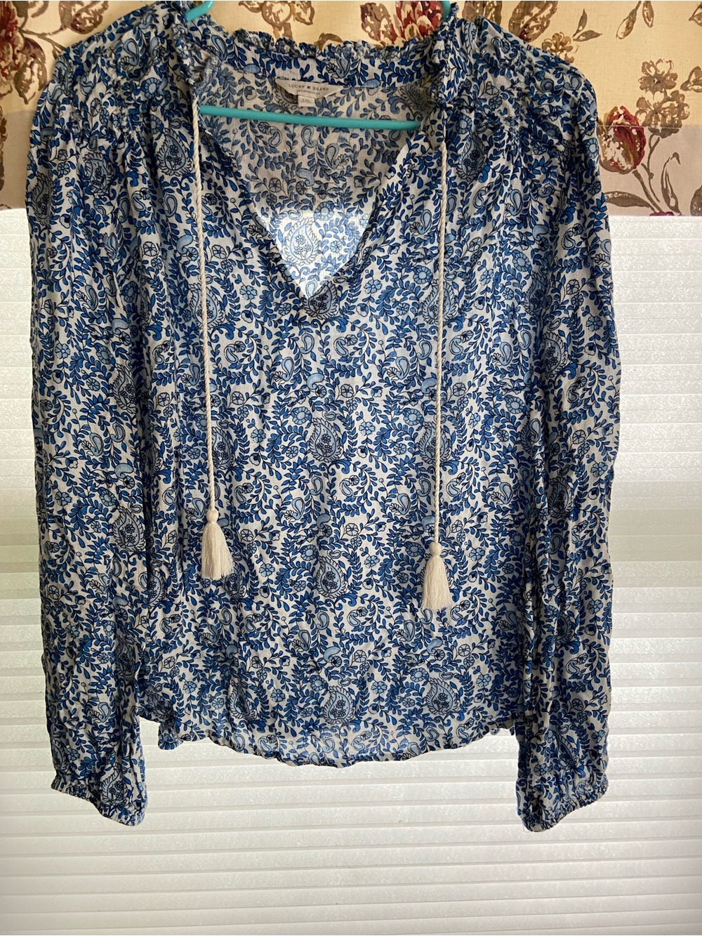 Lucky Brand Blue and White Floral Peasant Blouse with Tassel Ties